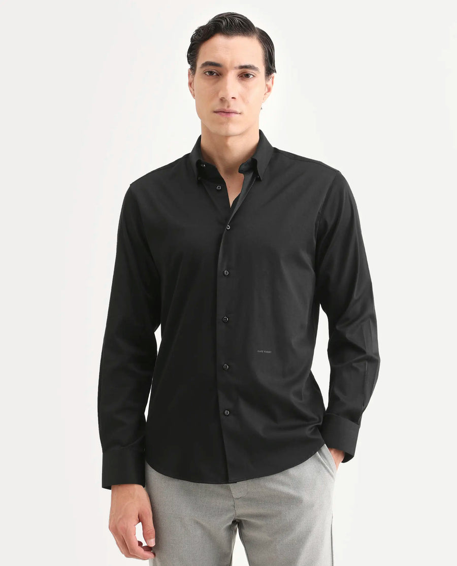 Rare Rabbit Men's Como-27 Black Cotton Blend Fabric Full Sleeve Spread Collar Regular Fit Plain Shirt