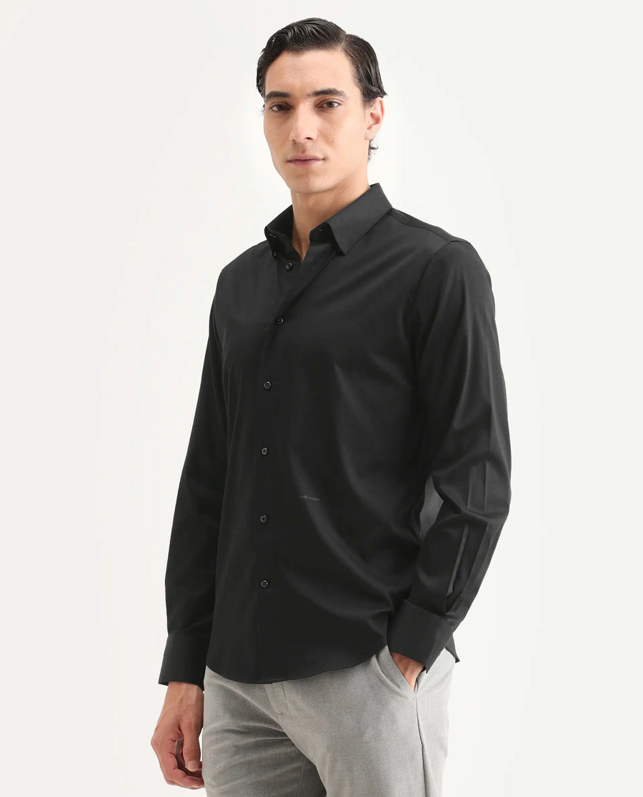 Rare Rabbit Men's Como-27 Black Cotton Blend Fabric Full Sleeve Spread Collar Regular Fit Plain Shirt