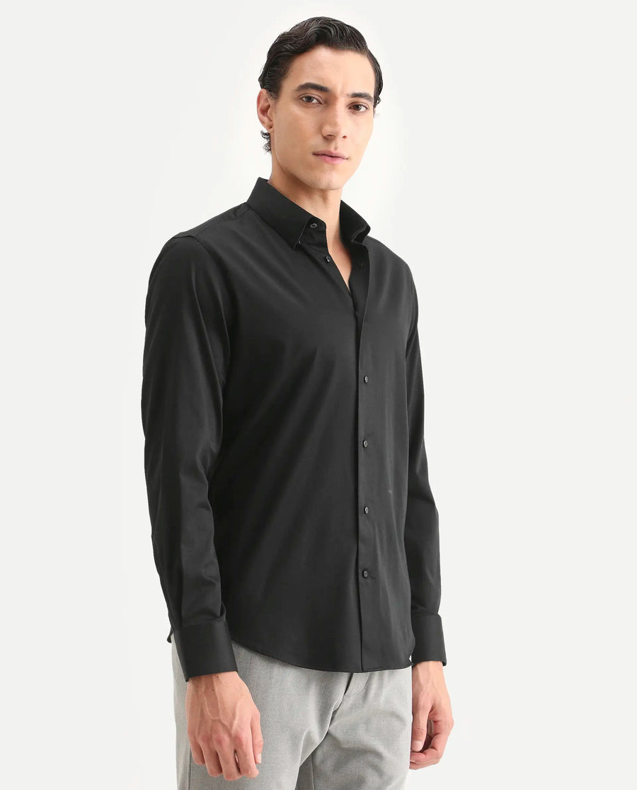 Rare Rabbit Men's Como-27 Black Cotton Blend Fabric Full Sleeve Spread Collar Regular Fit Plain Shirt