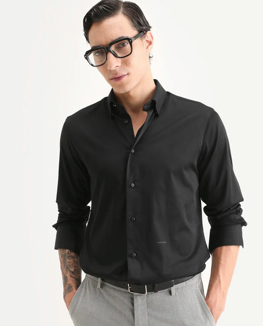 Rare Rabbit Men's Como-27 Black Cotton Blend Fabric Full Sleeve Spread Collar Regular Fit Plain Shirt