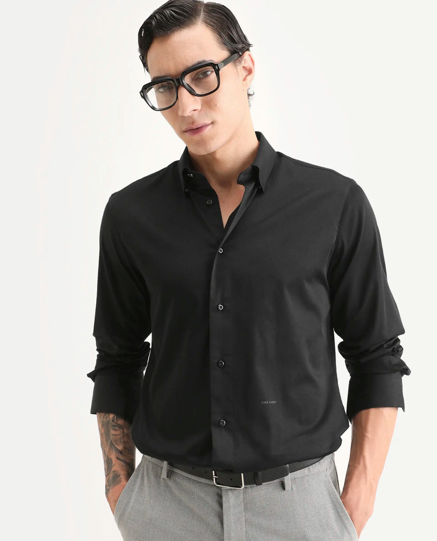 Rare Rabbit Men's Como-27 Black Cotton Blend Fabric Full Sleeve Spread Collar Regular Fit Plain Shirt