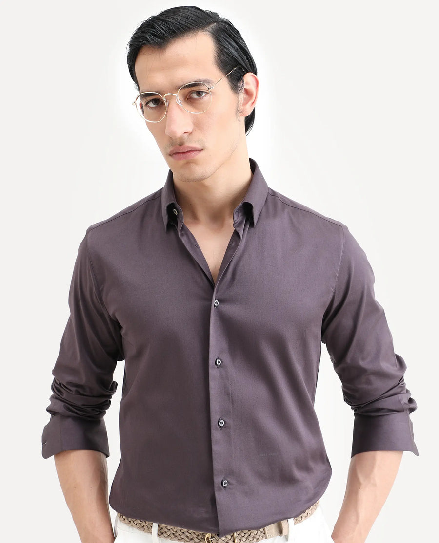Rare Rabbit Men's Como-27 Purple Cotton Blend Fabric Full Sleeve Spread Collar Regular Fit Plain Shirt