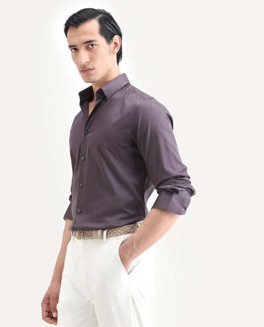 Rare Rabbit Men's Como-27 Purple Cotton Blend Fabric Full Sleeve Spread Collar Regular Fit Plain Shirt