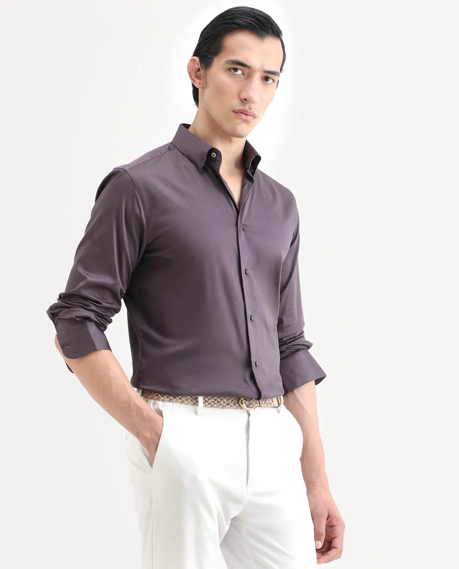 Rare Rabbit Men's Como-27 Purple Cotton Blend Fabric Full Sleeve Spread Collar Regular Fit Plain Shirt