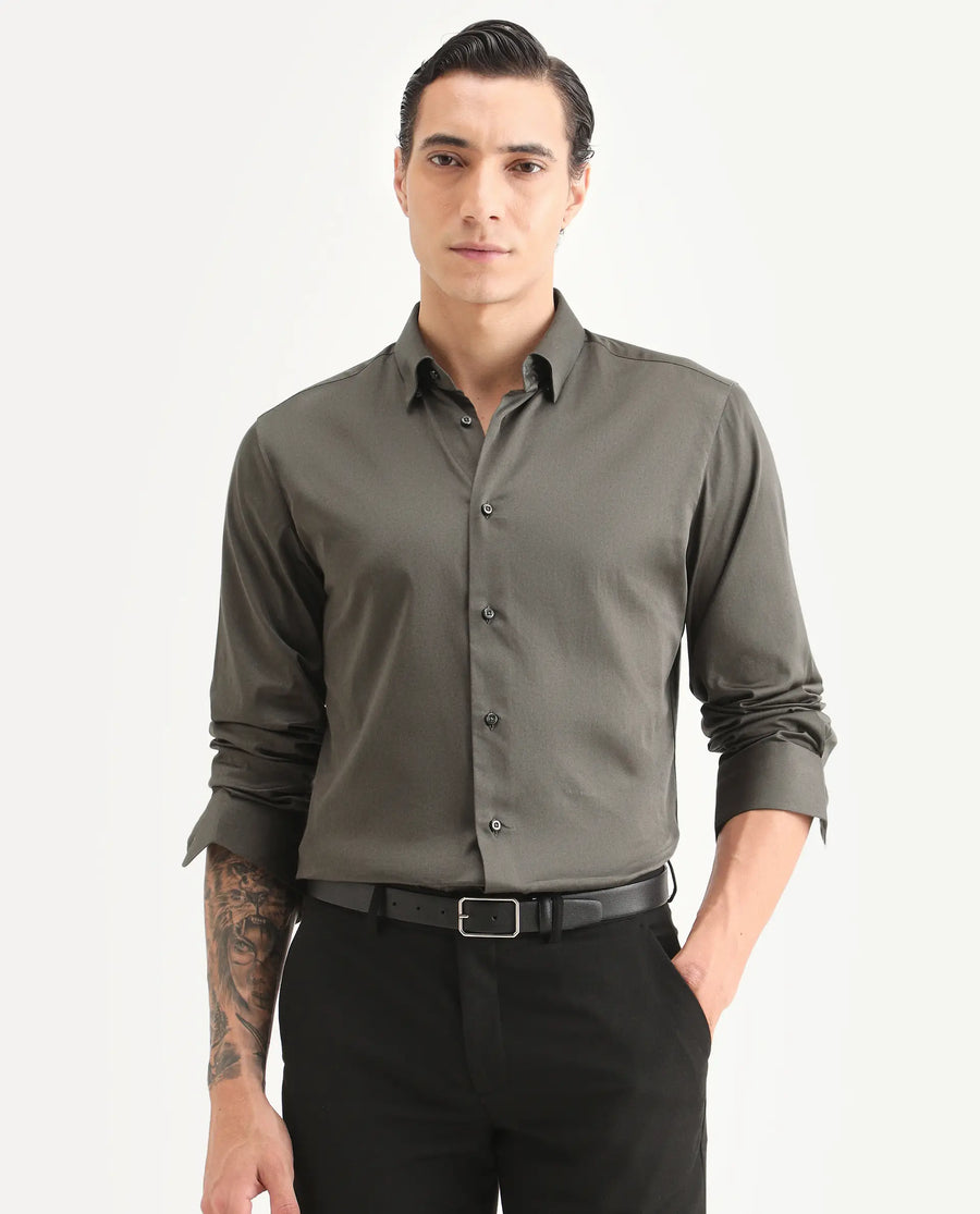 Rare Rabbit Men's Como-27 Dusky Olive Cotton Blend Fabric Full Sleeve Spread Collar Regular Fit Plain Shirt