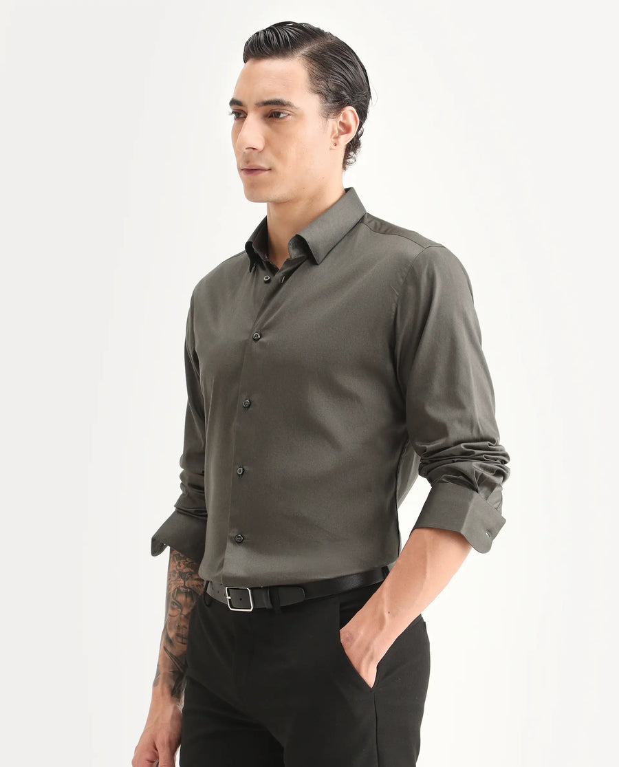 Rare Rabbit Men's Como-27 Dusky Olive Cotton Blend Fabric Full Sleeve Spread Collar Regular Fit Plain Shirt