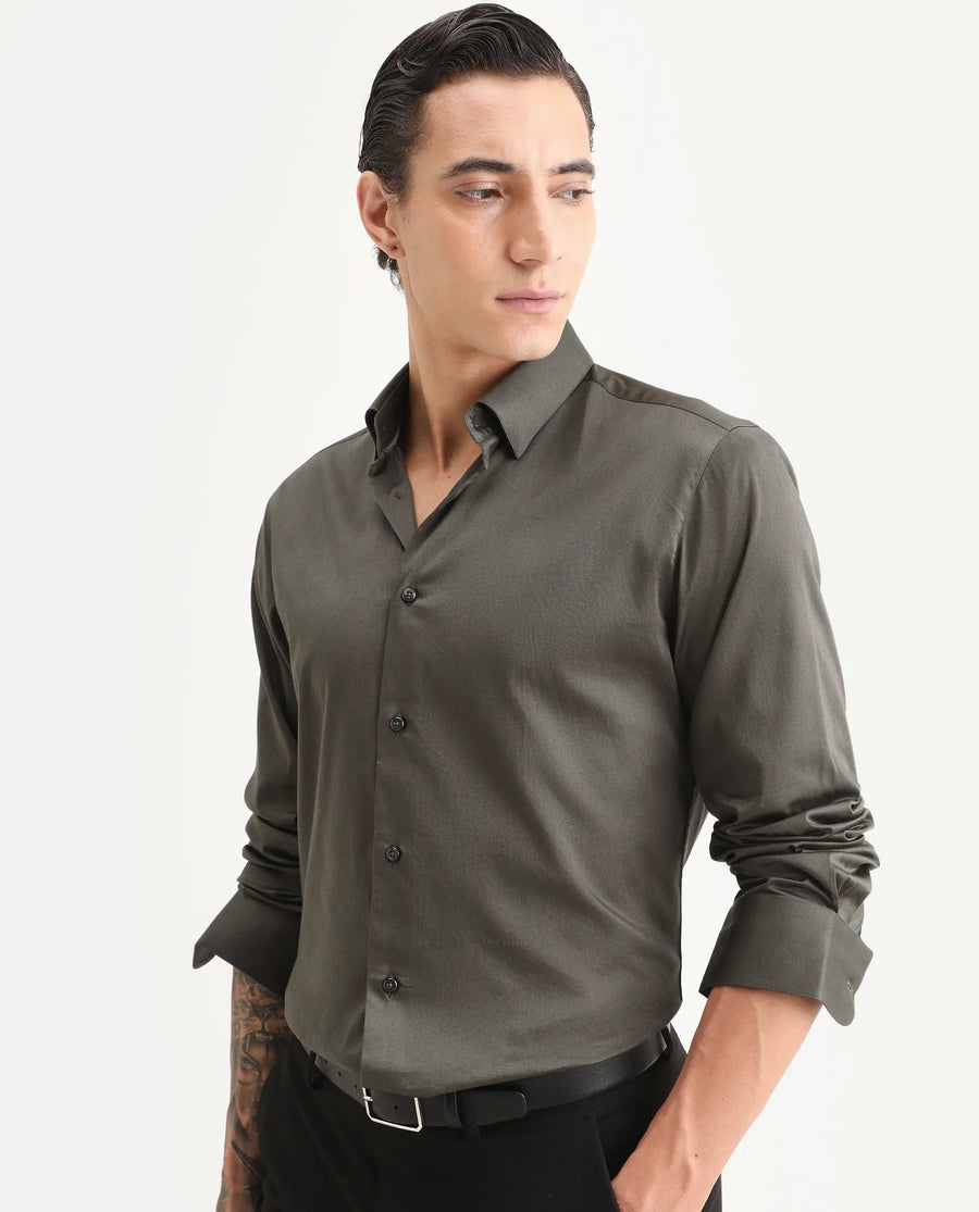 Rare Rabbit Men's Como-27 Dusky Olive Cotton Blend Fabric Full Sleeve Spread Collar Regular Fit Plain Shirt