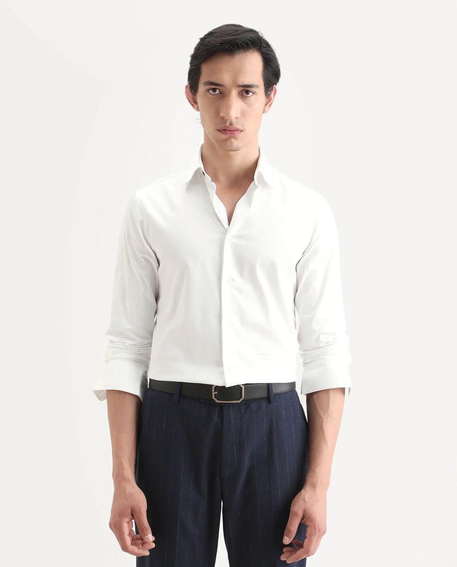 Rare Rabbit Men's Como-27 White Cotton Blend Fabric Full Sleeve Spread Collar Regular Fit Plain Shirt