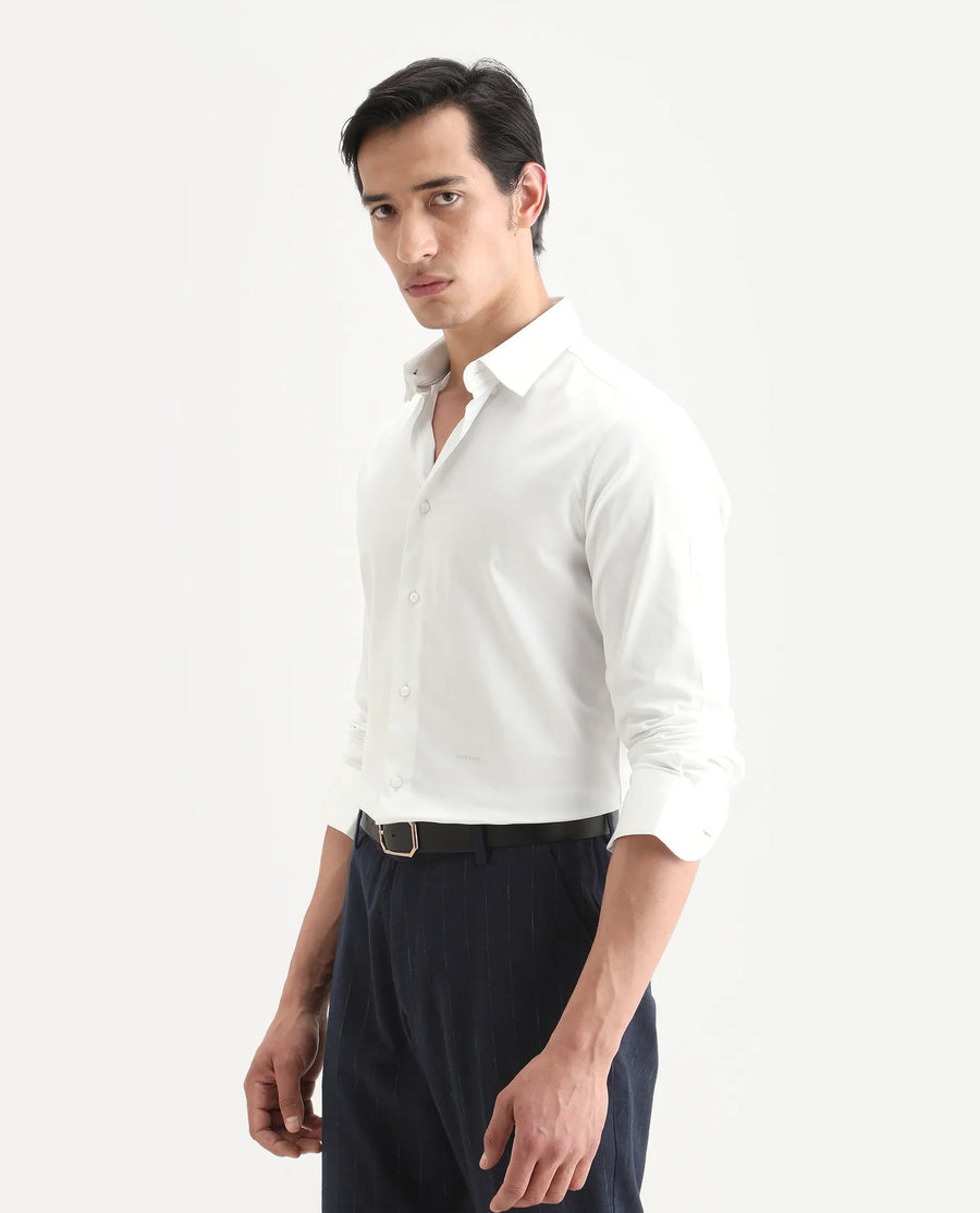 Rare Rabbit Men's Como-27 White Cotton Blend Fabric Full Sleeve Spread Collar Regular Fit Plain Shirt