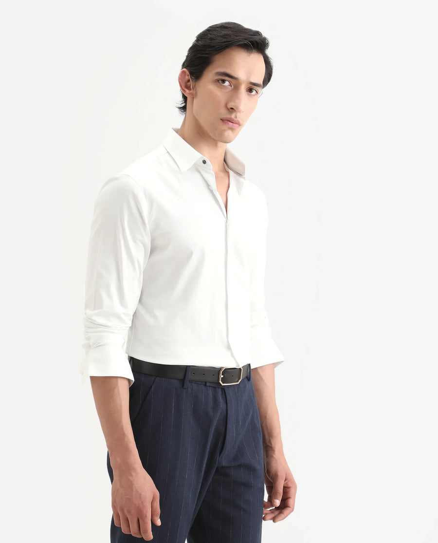 Rare Rabbit Men's Como-27 White Cotton Blend Fabric Full Sleeve Spread Collar Regular Fit Plain Shirt