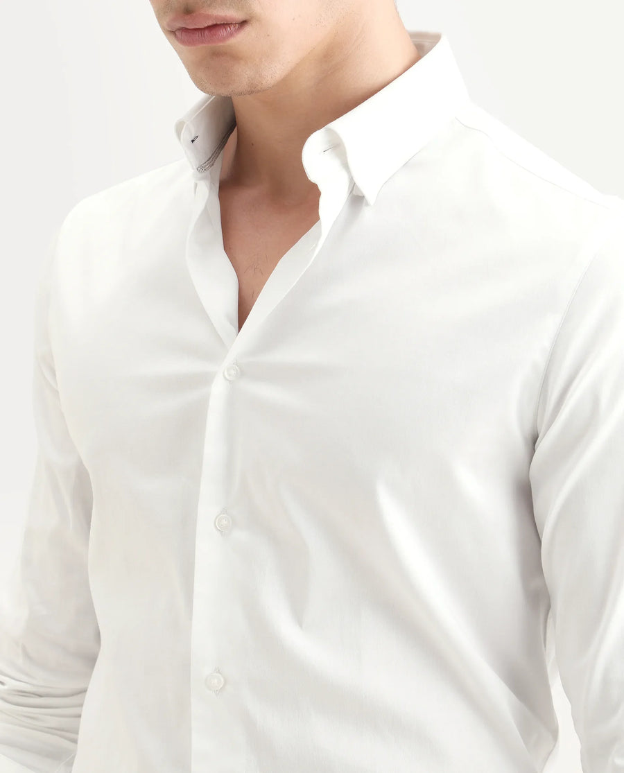 Rare Rabbit Men's Como-27 White Cotton Blend Fabric Full Sleeve Spread Collar Regular Fit Plain Shirt
