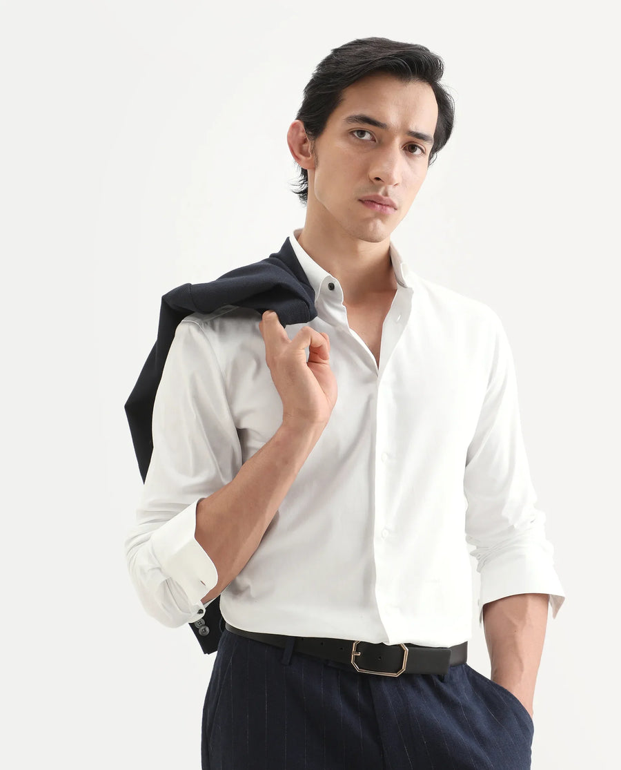 Rare Rabbit Men's Como-27 White Cotton Blend Fabric Full Sleeve Spread Collar Regular Fit Plain Shirt