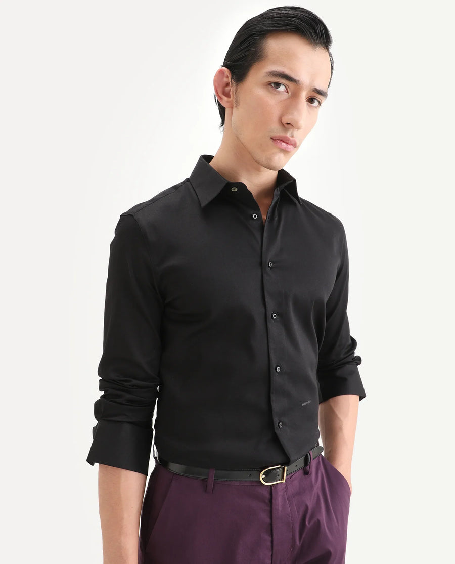 Rare Rabbit Men's Holla-Ss26 Black Cotton Blend Fabric Full Sleeve Spread Collar Regular Fit Plain Shirt