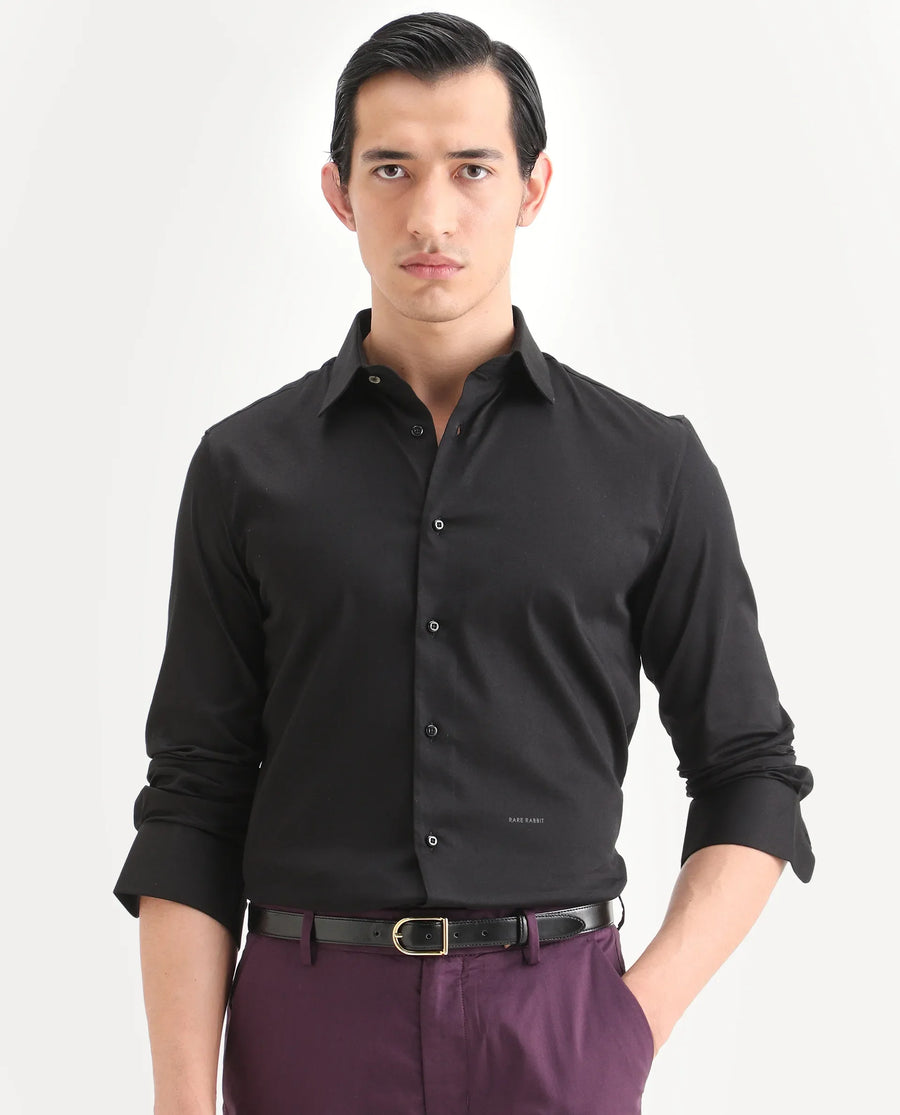 Rare Rabbit Men's Holla-Ss26 Black Cotton Blend Fabric Full Sleeve Spread Collar Regular Fit Plain Shirt