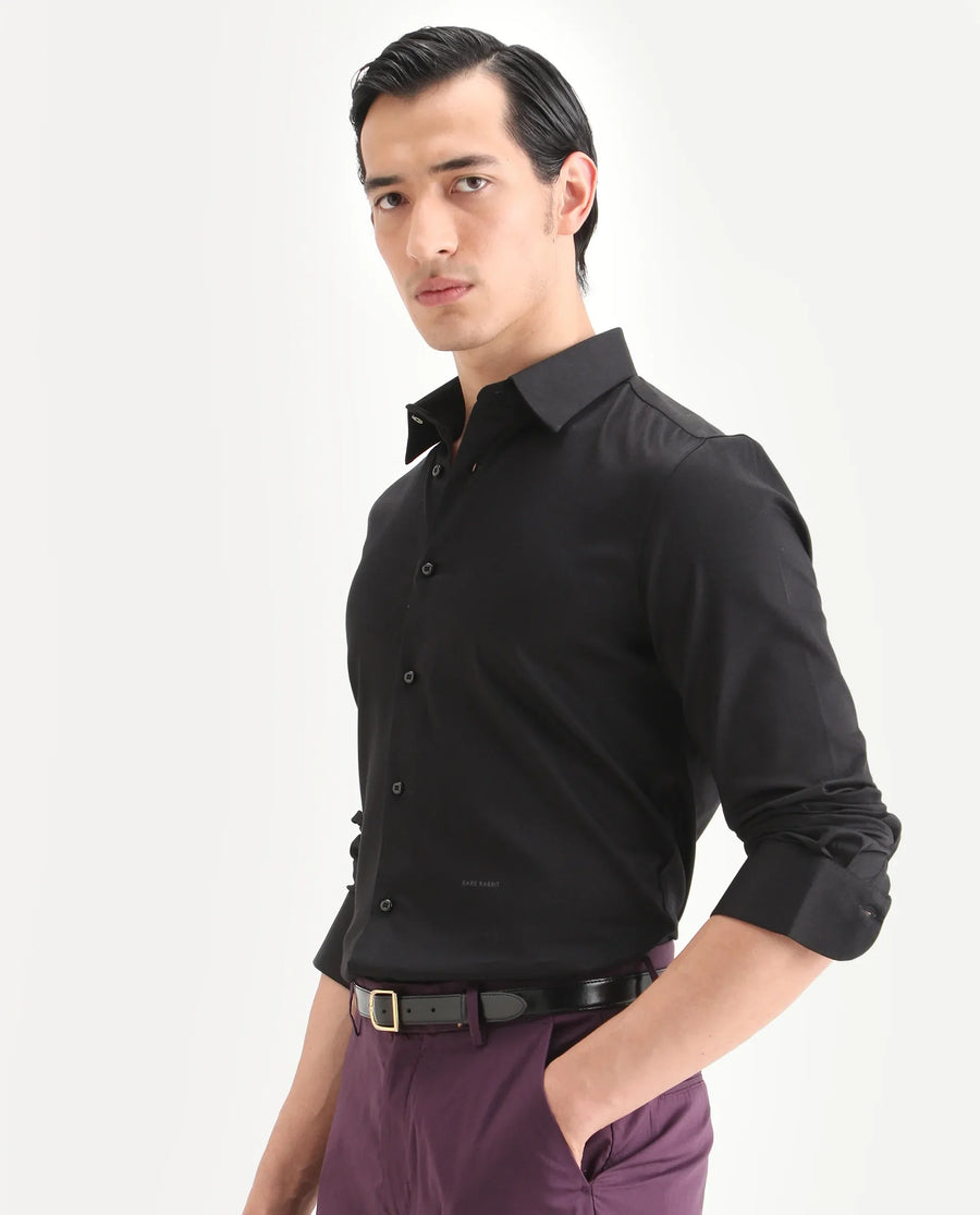 Rare Rabbit Men's Holla-Ss26 Black Cotton Blend Fabric Full Sleeve Spread Collar Regular Fit Plain Shirt