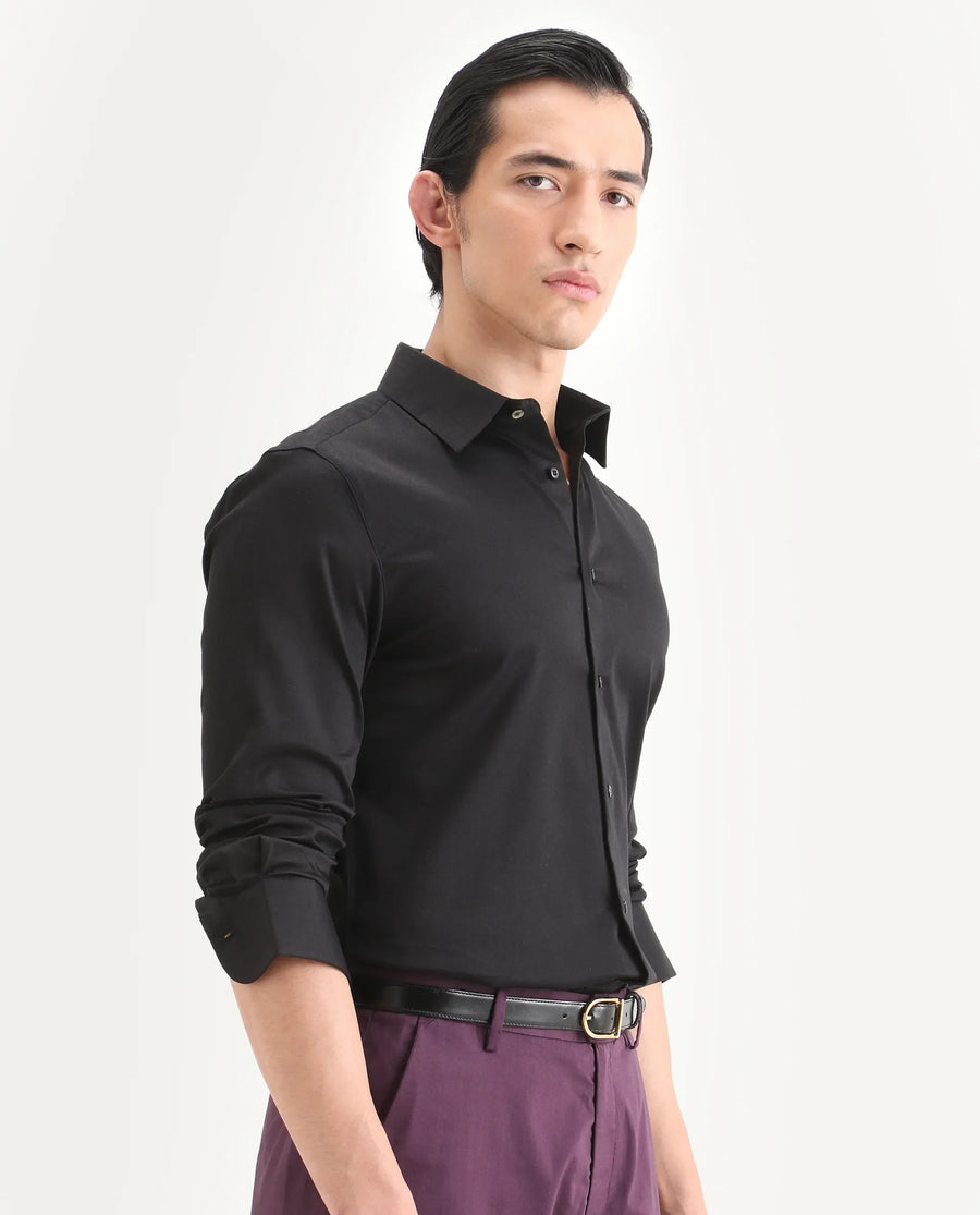 Rare Rabbit Men's Holla-Ss26 Black Cotton Blend Fabric Full Sleeve Spread Collar Regular Fit Plain Shirt