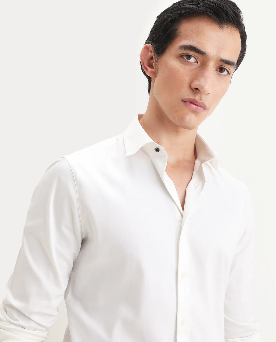 Rare Rabbit Men's Holla-Ss26 White Cotton Blend Fabric Full Sleeve Spread Collar Regular Fit Plain Shirt