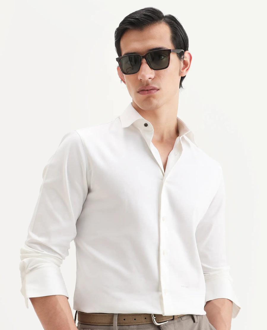 Rare Rabbit Men's Holla-Ss26 White Cotton Blend Fabric Full Sleeve Spread Collar Regular Fit Plain Shirt