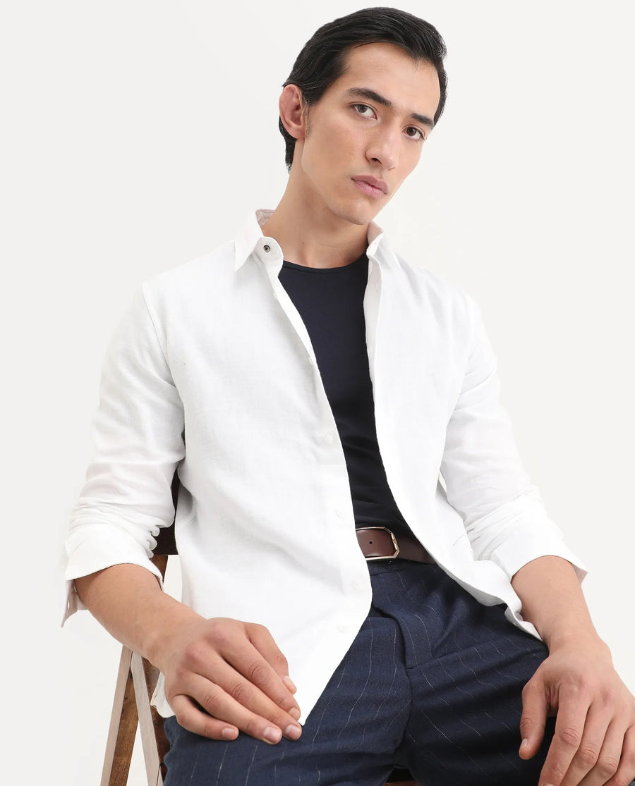 Rare Rabbit Men's Layerr-Ls White Cotton Fabric Full Sleeve Spread Collar Regular Fit Plain Shirt