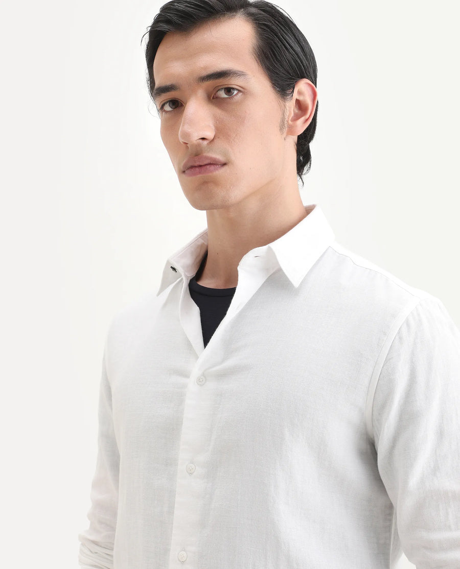 Rare Rabbit Men's Layerr-Ls White Cotton Fabric Full Sleeve Spread Collar Regular Fit Plain Shirt