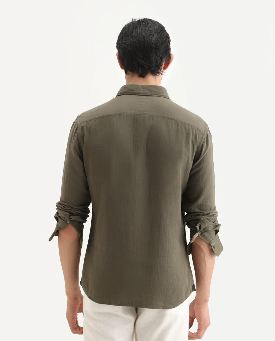 Rare Rabbit Men's Layerr-Ls Olive Cotton Plain Regular Fit Full Sleeve Collared Shirt