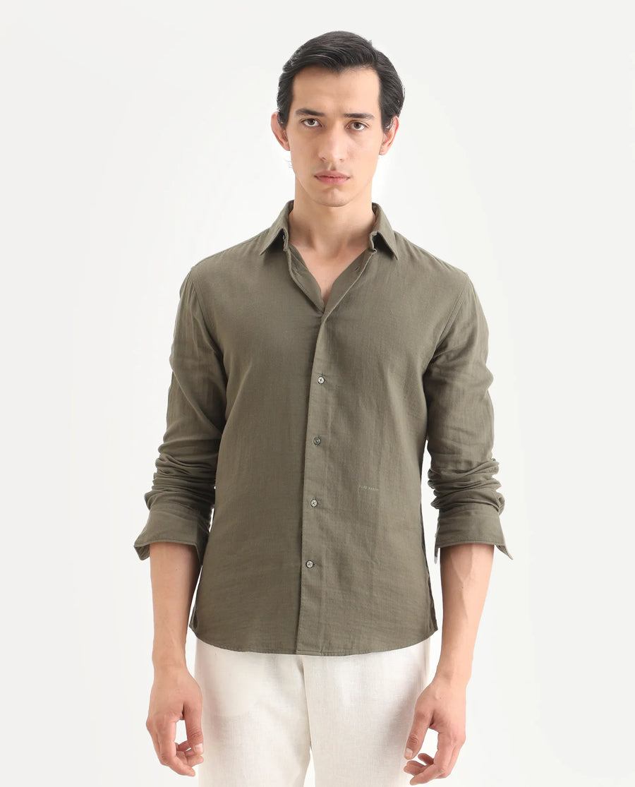 Rare Rabbit Men's Layerr-Ls Olive Cotton Plain Regular Fit Full Sleeve Collared Shirt