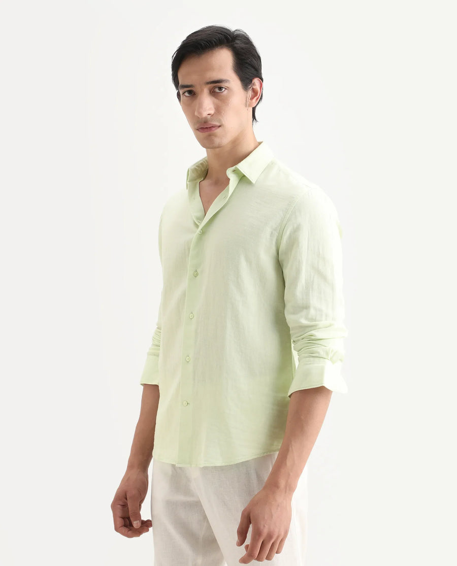 Rare Rabbit Men's Layerr-Ls Dusky Green Cotton Fabric Full Sleeve Spread Collar Regular Fit Plain Shirt