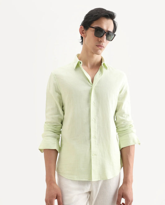 Rare Rabbit Men's Layerr-Ls Dusky Green Cotton Fabric Full Sleeve Spread Collar Regular Fit Plain Shirt