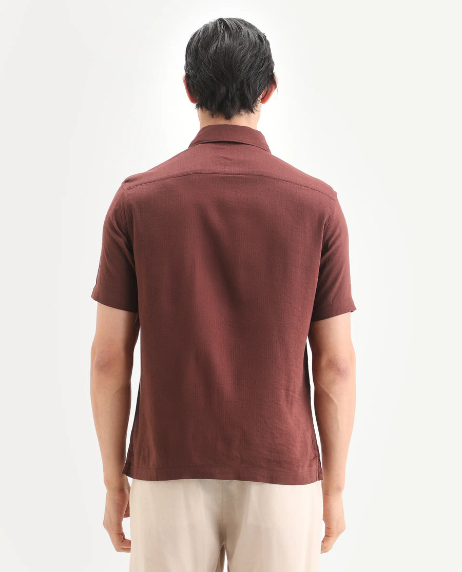 Rare Rabbit Men's Layerr Ss Dark Brown Cotton Blend Plain regular Fit Full Sleeve Collared Shirt