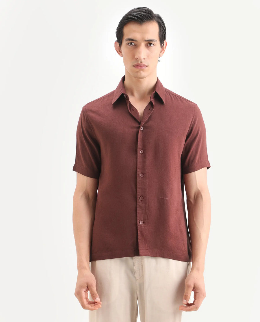 Rare Rabbit Men's Layerr Ss Dark Brown Cotton Blend Plain regular Fit Full Sleeve Collared Shirt