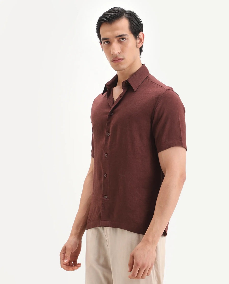 Rare Rabbit Men's Layerr Ss Dark Brown Cotton Blend Plain regular Fit Full Sleeve Collared Shirt