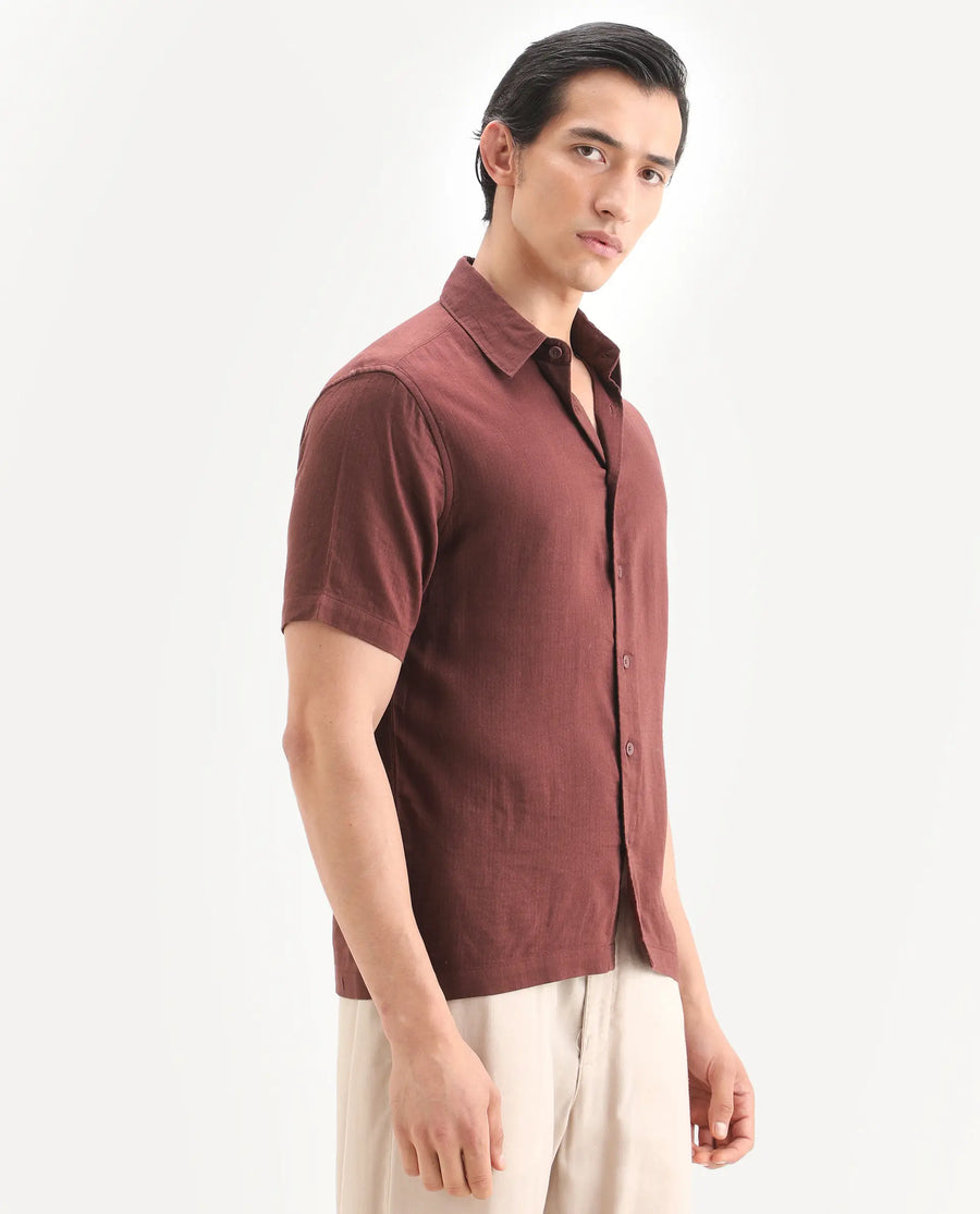 Rare Rabbit Men's Layerr Ss Dark Brown Cotton Blend Plain regular Fit Full Sleeve Collared Shirt