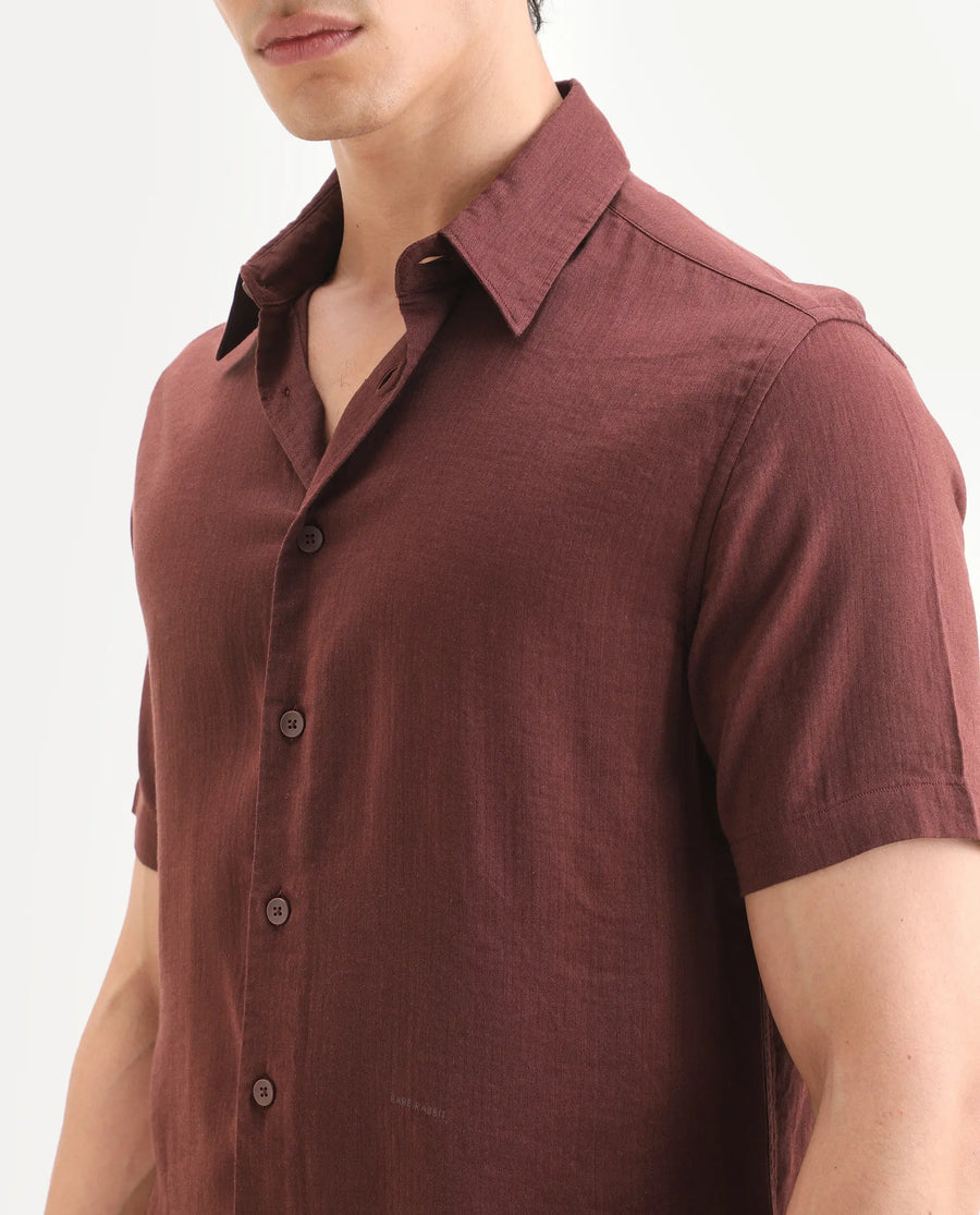 Rare Rabbit Men's Layerr Ss Dark Brown Cotton Blend Plain regular Fit Full Sleeve Collared Shirt