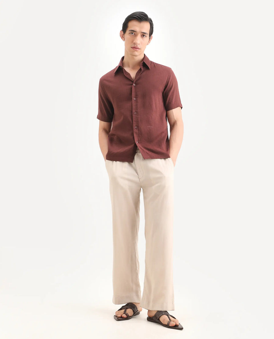 Rare Rabbit Men's Layerr Ss Dark Brown Cotton Blend Plain regular Fit Full Sleeve Collared Shirt
