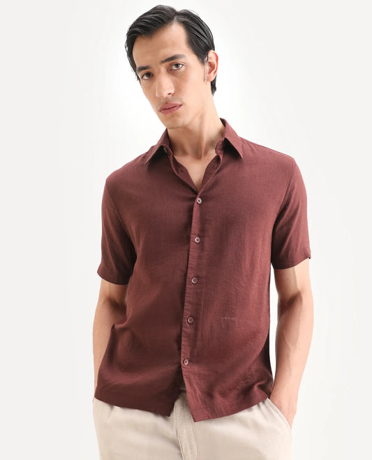 Rare Rabbit Men's Layerr Ss Dark Brown Cotton Blend Plain regular Fit Full Sleeve Collared Shirt