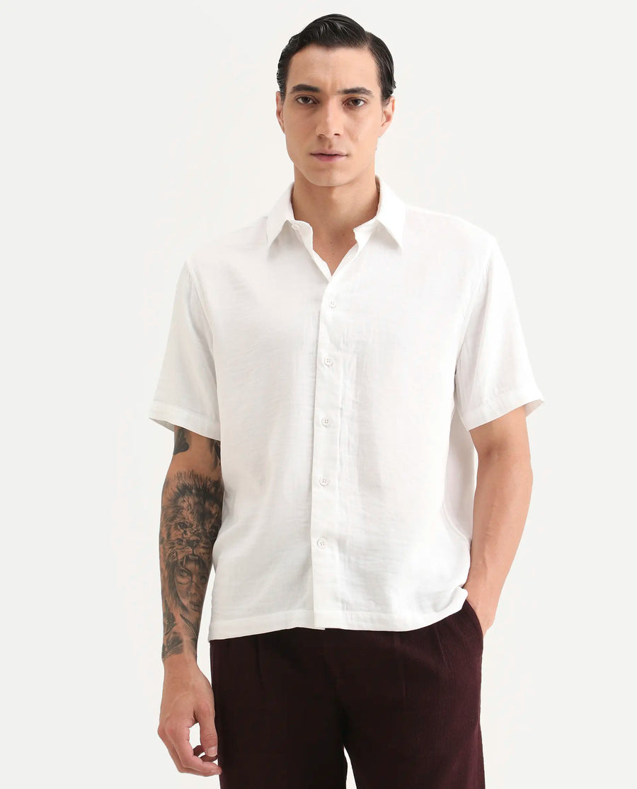 Rare Rabbit Men's Layerr Ss White Cotton Blend Plain Boxy Fit Full Sleeve Collared Shirt
