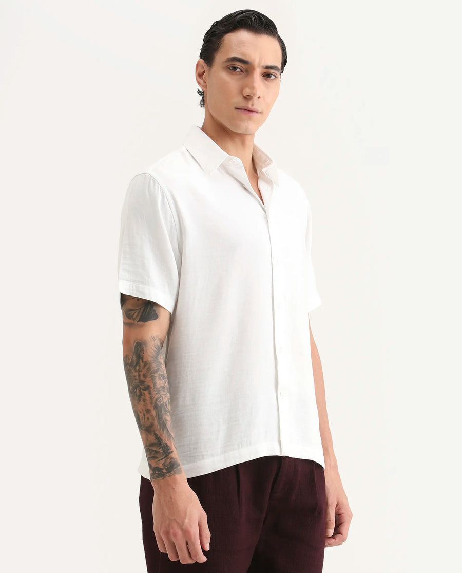 Rare Rabbit Men's Layerr Ss White Cotton Blend Plain Boxy Fit Full Sleeve Collared Shirt