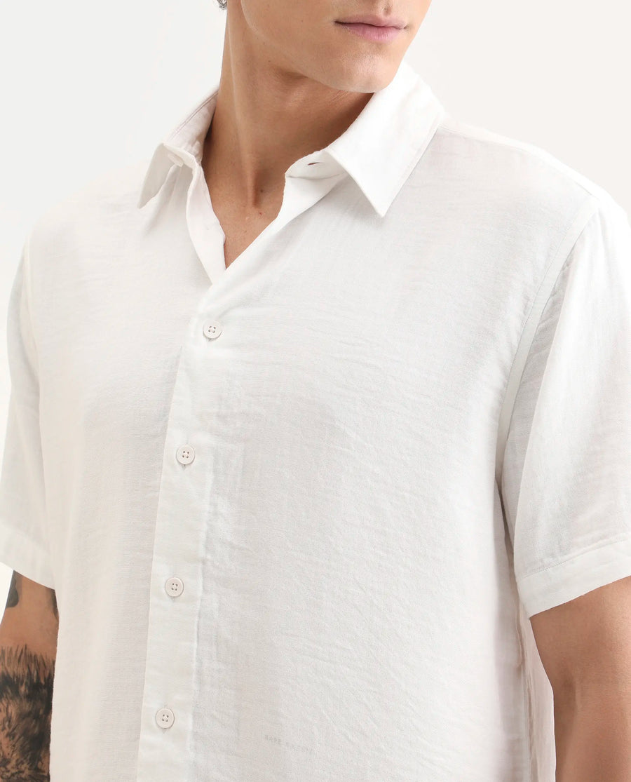 Rare Rabbit Men's Layerr Ss White Cotton Blend Plain Boxy Fit Full Sleeve Collared Shirt