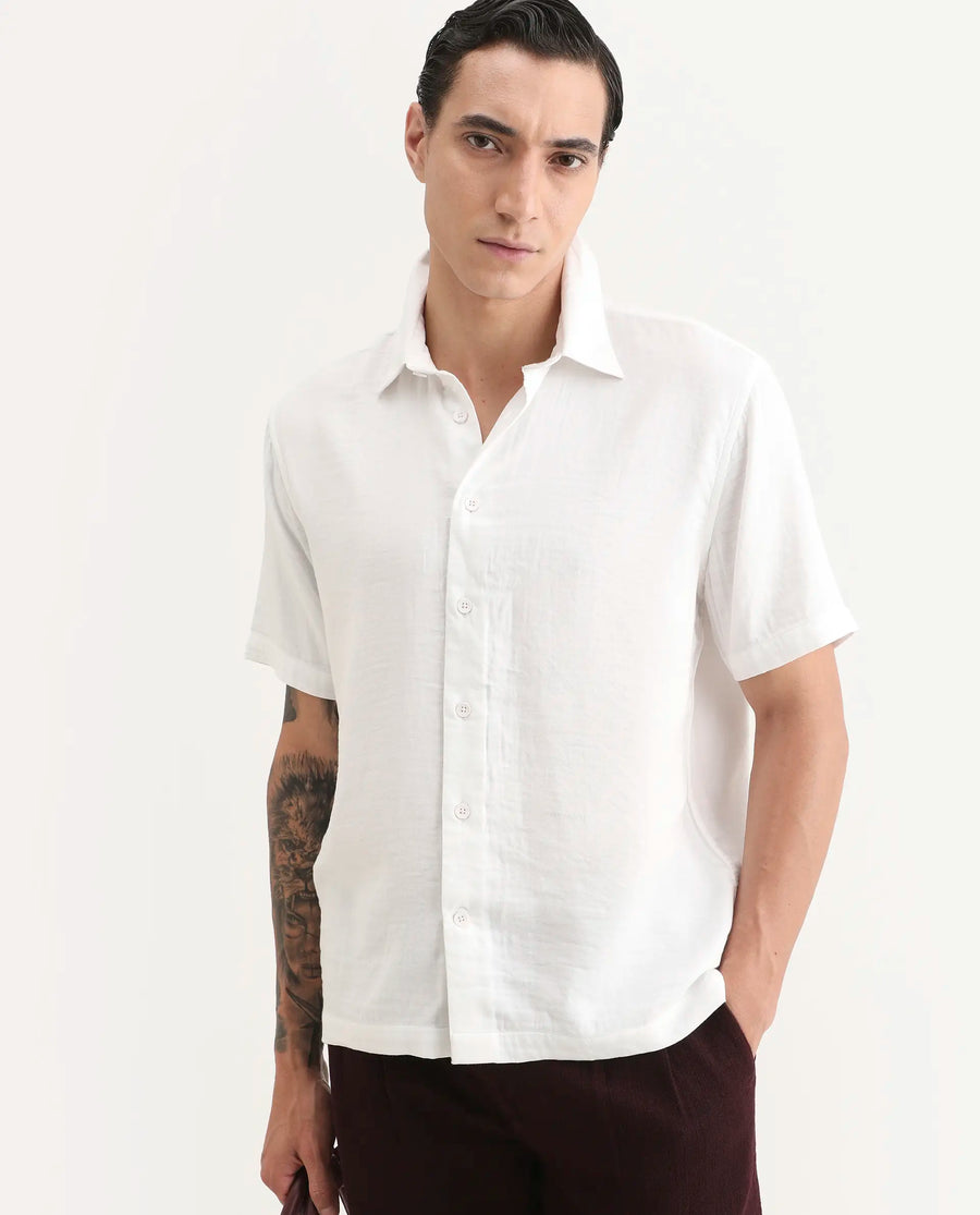 Rare Rabbit Men's Layerr Ss White Cotton Blend Plain Boxy Fit Full Sleeve Collared Shirt