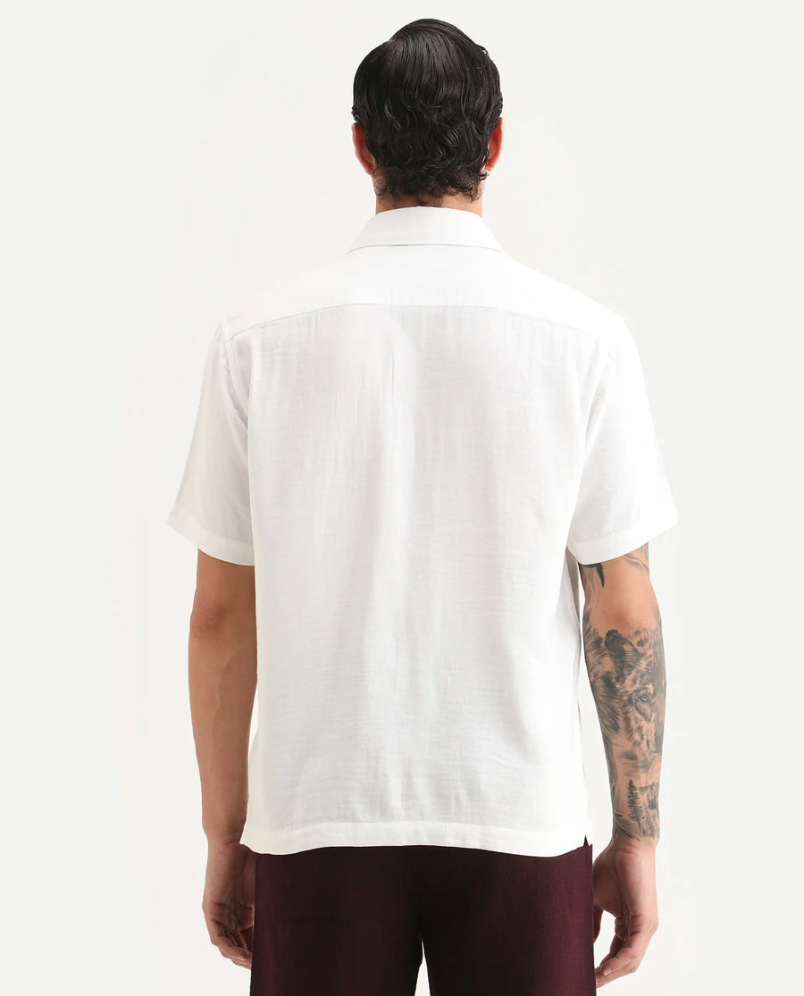 Rare Rabbit Men's Layerr Ss White Cotton Blend Plain Boxy Fit Full Sleeve Collared Shirt