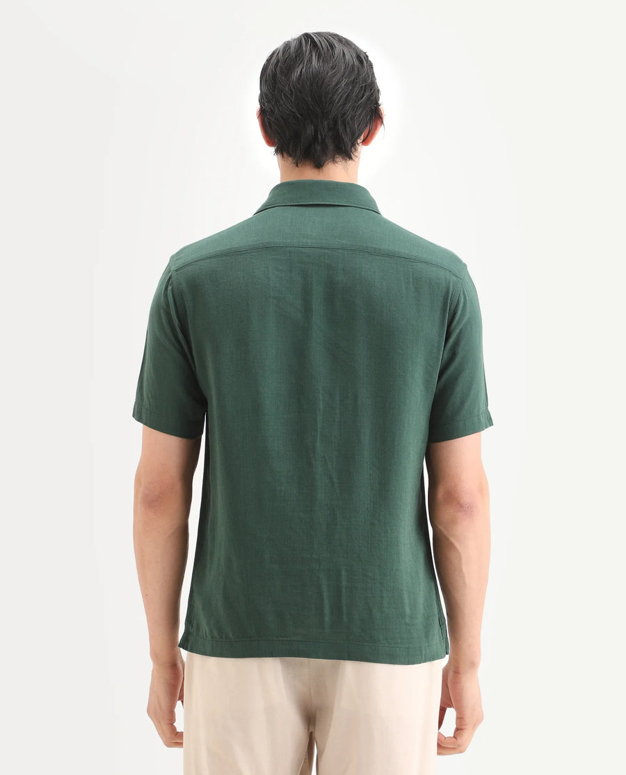 Rare Rabbit Men's Layerr Ss Green Cotton Blend Plain Boxy Fit Full Sleeve Collared Shirt