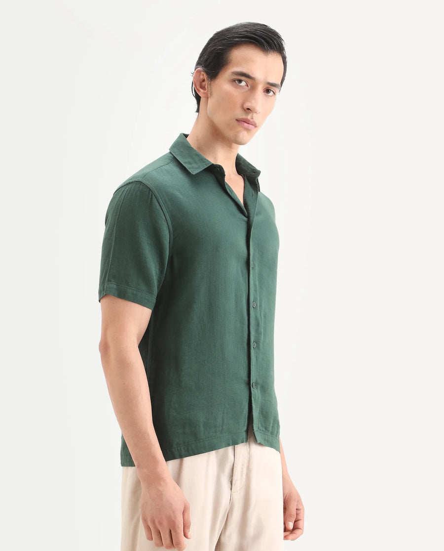 Rare Rabbit Men's Layerr Ss Green Cotton Blend Plain Boxy Fit Full Sleeve Collared Shirt