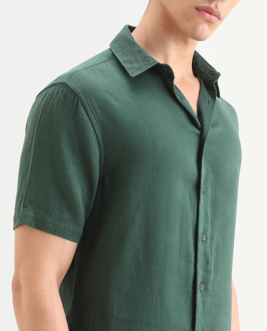 Rare Rabbit Men's Layerr Ss Green Cotton Blend Plain Boxy Fit Full Sleeve Collared Shirt