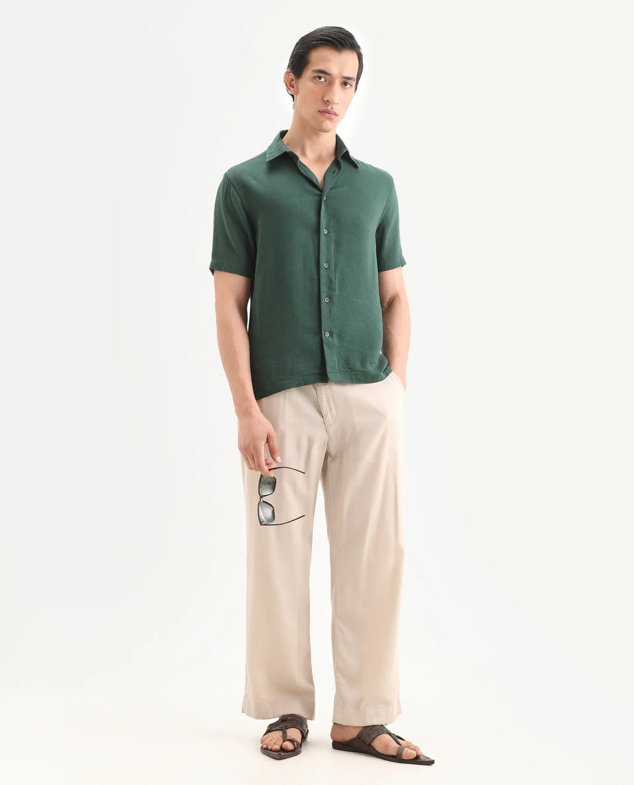 Rare Rabbit Men's Layerr Ss Green Cotton Blend Plain Boxy Fit Full Sleeve Collared Shirt