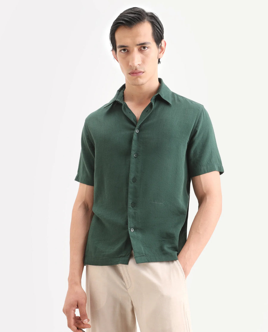 Rare Rabbit Men's Layerr Ss Green Cotton Blend Plain Boxy Fit Full Sleeve Collared Shirt