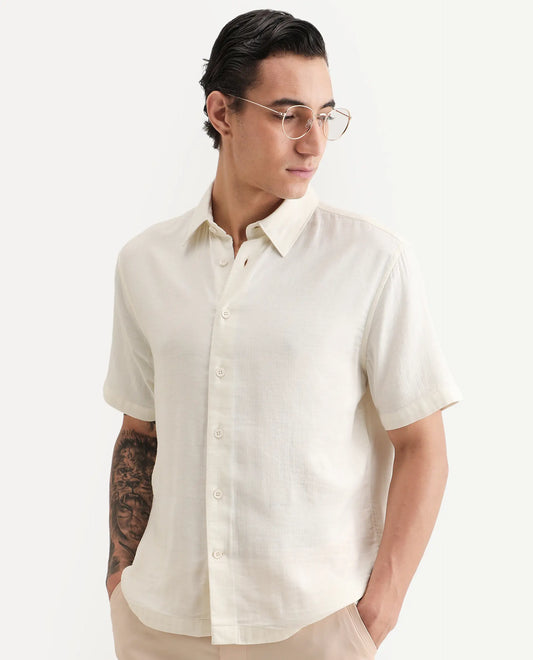 Rare Rabbit Men's Layerr Ss Light Beige Cotton Blend Plain Boxy Fit Full Sleeve Collared Shirt