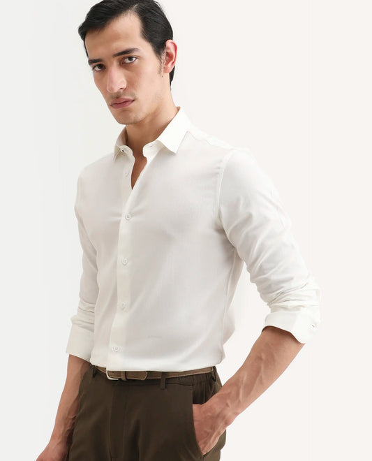 Rare Rabbit Men's Mer-Ss26 White Viscose Blend Fabric Full Sleeve Spread Collar Regular Fit Plain Shirt
