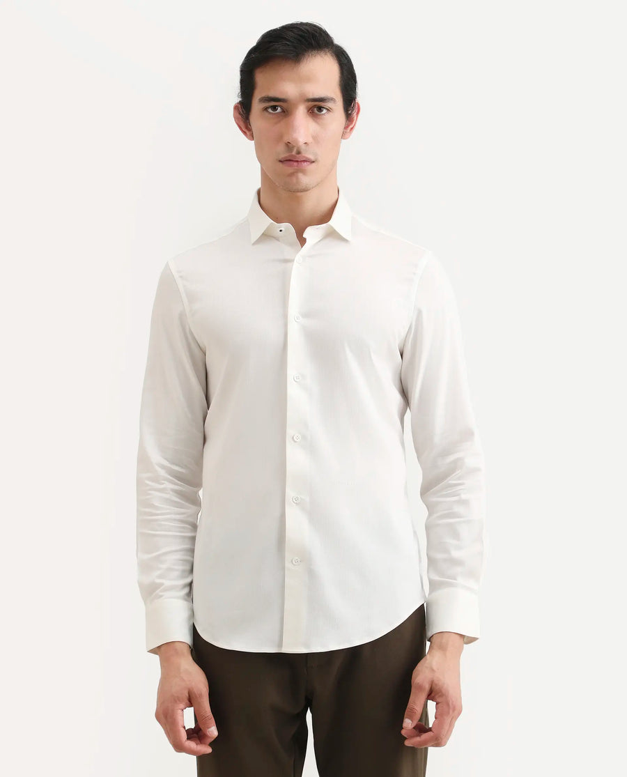 Rare Rabbit Men's Mer-Ss26 White Viscose Blend Fabric Full Sleeve Spread Collar Regular Fit Plain Shirt
