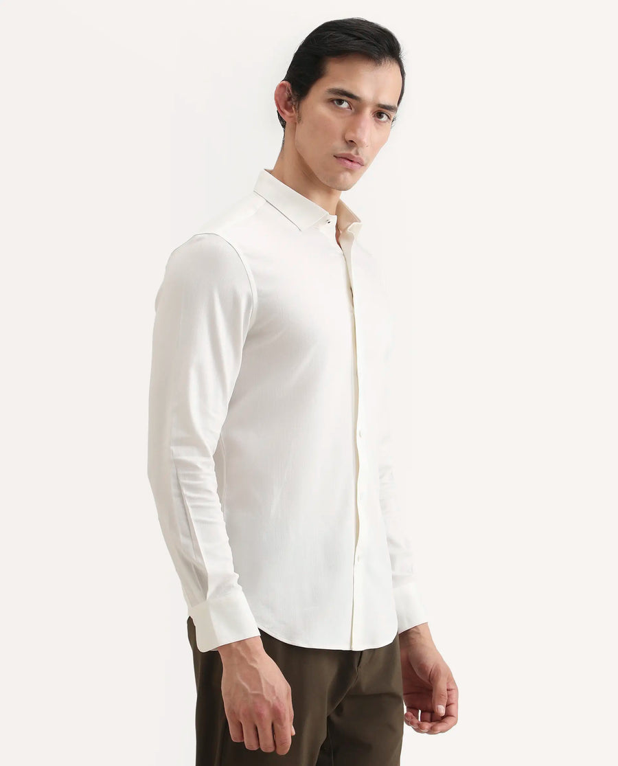 Rare Rabbit Men's Mer-Ss26 White Viscose Blend Fabric Full Sleeve Spread Collar Regular Fit Plain Shirt
