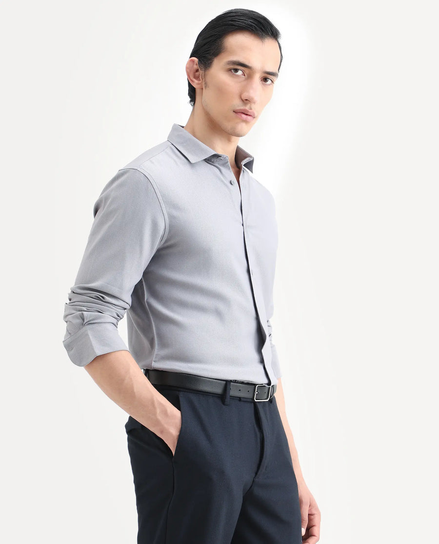 Rare Rabbit Men's Mer-Ss26 Grey Viscose Blend Fabric Full Sleeve Spread Collar Regular Fit Plain Shirt